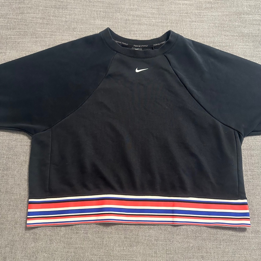 Nike Sweatshirt Women Large Black  Pro Dri-FIT Cropped Striped Hem